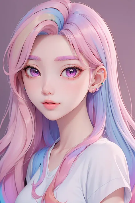 best quality, cartoon_portrait, 1girl, solo, long hair, looking at viewer, blonde hair, simple background, shirt, brown eyes, white shirt, pink hair, multicolored hair, earrings, lips, <lora:cartoon_portrait_v2:0.7>