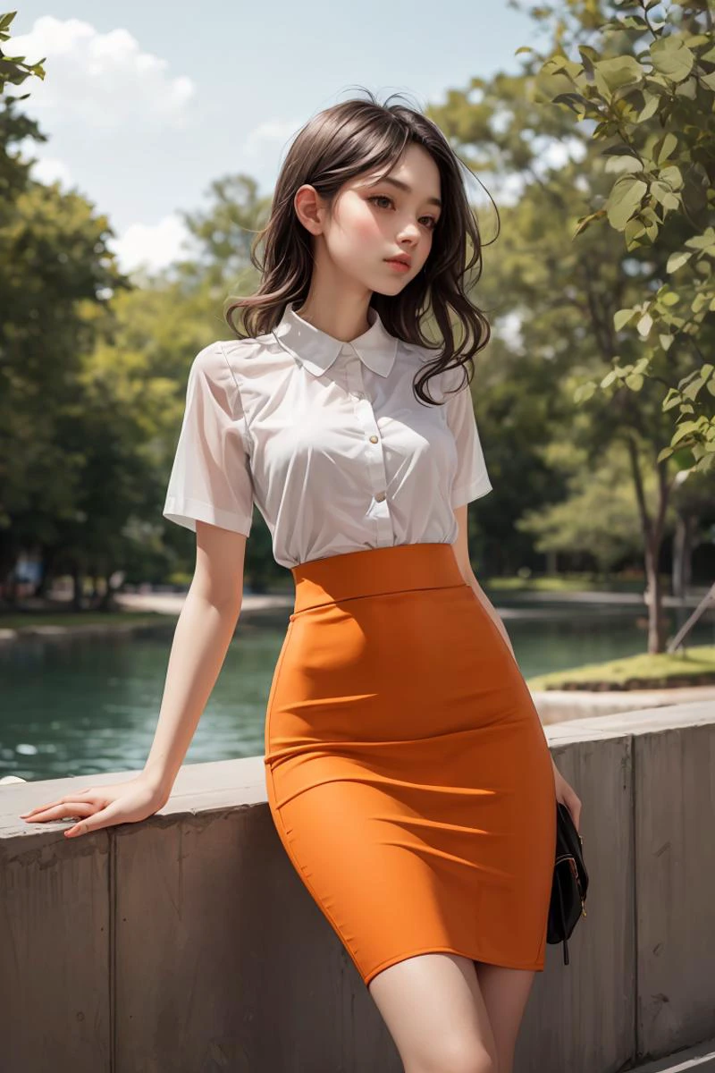 1girl,outdoors, ss pencil skirt,orange pencil skirt, best quality,masterpiece,an extremely delicate and beautiful <lora:more_details:0.3>, <lyco:GPTS4 dreamwave full_478773:0.5>,<lyco:GoodHands-beta2:1>,