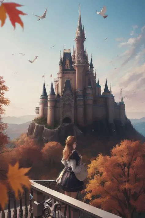 1girl, on balcony, looking at viewer, a castle in the distance, bird eyes view, autumn, architecture, birds, people, scenery, towers, trees, sunny, day, far away view, Direct light, Selective focus, ((illustration)), perfect details, light particles, chromatic aberration, masterpiece, best quality, absurdres, highest quality, amazing details, hyper detail, dramatic light, intricate details