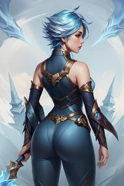 (masterpiece, best quality), intricate details, (fractal art:1.2),
(1girl),
<lora:Frostblade_Irelia:0.8> frostblade irelia, 1girl, short hair, blue hair, bodysuit, detached sleeves,
from behind, ass focus,