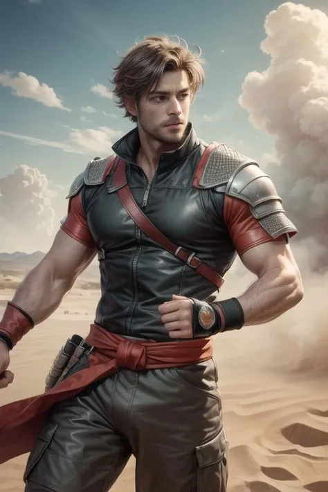 (best quality, masterpiece), (absurdres, highres, ultra detailed), (masterpiece, best quality), 1 male, mature, aged up:1.4, tall muscular guy, broad shoulders, finely detailed eyes and detailed face, extremely detailed CG unity 8k wallpaper, intricate details, very short hair, mercenary, Flame Effect, strong fist, Battle action, dramatic, dynamic motion, fighter, Desert, sandstorm, cloudy sky,<lora:add_detail:0.7>, <lyco:GPTS4 dreamwave full_478773:0.5>