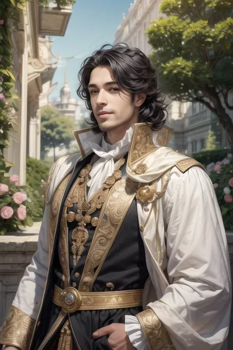 masterpiece, high quality, perfect face, beautiful face, (masterpiece, best quality), 1 male, adult, handsome, tall muscular guy, broad shoulders, finely detailed eyes and detailed face, extremely detailed CG unity 8k wallpaper, intricate details, long black hair, large 18th-century baroque mansion, garden, nobleman, aristocratic, elegant, neat, graceful, sunset, scenery, smile,<lora:add_detail:0.7>,  <lyco:GPTS4 dreamwave full_478773:0.5>