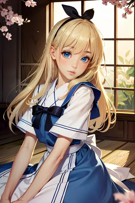 ((ultra detailed, masterpiece, best quality))
 <lora:DisneyAlice:0.9>
DisneyAlice, 1girl, solo, long hair, blonde hair, blue eyes, headband, bow, posing for a magazine cover, sexy pose, elegant lingery