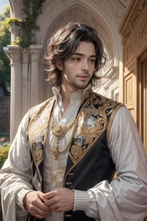 masterpiece, high quality, perfect face, beautiful face, (masterpiece, best quality), 1 male, adult, handsome, tall muscular guy, broad shoulders, finely detailed eyes and detailed face, extremely detailed CG unity 8k wallpaper, intricate details, long black hair, large 18th-century baroque mansion, garden, nobleman, aristocratic, elegant, neat, graceful, sunset, scenery, smile,<lora:add_detail:0.7>, <lyco:GPTS4 dreamwave full_478773:0.5>