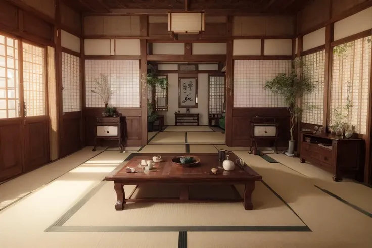 japaninterior, living room, table wooden, steam, ornament, mirror, ornate, detail, traditional, ceramic, painting,calligraphy, garden, dim light, <lora:ARWJapanInterior:1>,(masterpiece, best quality),
