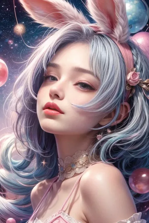 masterpiece, best quality, 1girl, 18 years old,adolescent ,bob , bob blue and pink hair,purple eyes, sky and stars background,center focus,Rabbit hair clip, look up,thin lips,<lora:add_detail:0.6>,<lora:add_detail:0.7>,  <lyco:GPTS4 dreamwave full_478773:0.5>