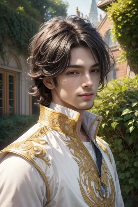 masterpiece, high quality, perfect face, beautiful face, (masterpiece, best quality), 1 male, adult, handsome, tall muscular guy, broad shoulders, finely detailed eyes and detailed face, extremely detailed CG unity 8k wallpaper, intricate details, long black hair, large 18th-century baroque mansion, garden, nobleman, aristocratic, elegant, neat, graceful, sunset, scenery, smile,<lora:add_detail:0.7>, <lyco:GPTS4 dreamwave full_478773:0.5>