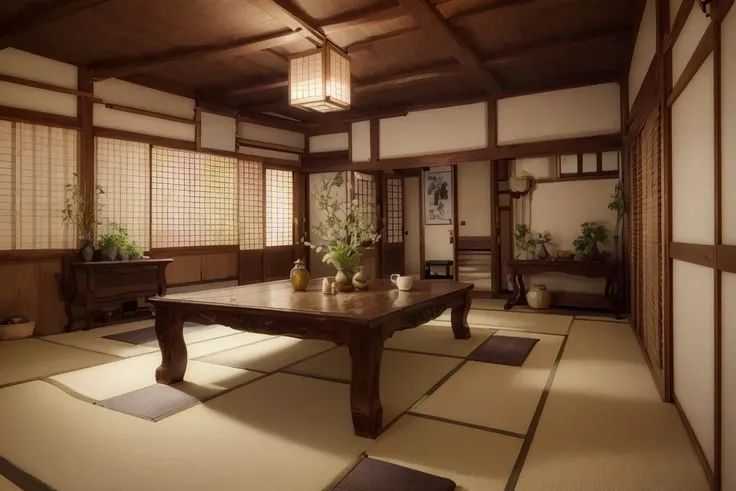 japaninterior, living room, table wooden, steam, ornament, mirror, ornate, detail, traditional, ceramic, painting,calligraphy, garden, dim light,night, <lora:ARWJapanInterior:1>,(masterpiece, best quality),