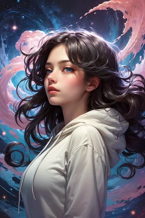 masterpiece, best quality, (absurdres, highres, ultra detailed), (absurdres, best quality:1.3, dark shot, extremely detailed), (masterpiece portrait of a girl, from side, upper body, looking up, blue eyes, natural skin texture, long dark hair, straight hair, floating hair, oversized hoodie, hood down), beautiful galaxy lighting up the sky, amazing background filled with cosmic swirls, (style-swirlmagic:1.4, style swirling cosmo magic:1.4, magical, magical swirls:1.3), (hyperrealistic, sharp), (vibrant colors),<lora:more_details:0.3>, <lyco:GPTS4 dreamwave full_478773:0.5>,<lyco:GoodHands-beta2:1>,