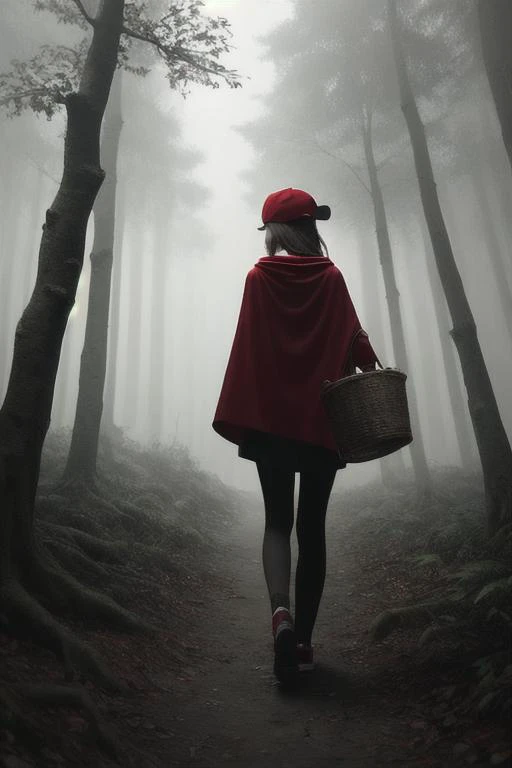 1girl, walking alone through a dark forest, gloomy lighting, red cape, red hat, basket in hand, forest, walking away, back turned