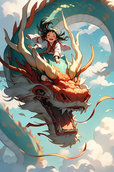 chinese dragon, 1girl, chinese clothes, closed eyes, black hair, open mouth, dragon, long hair, smile,riding on the dragon's head, auspicious clouds, sky, palace, new year, teeth, <lora:æ°æ¥-é¾ä¸å°å¹´_æ°æ¥-é¾ä¸å°å¹´:0.7>