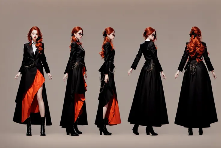 Back view,front view,side view,multiple view,concept art,hand drawing,modern clothing design,1girl,long hair,black footwear,multiple views,boots,orange hair,jacket,gradient,belt,gradient background,long sleeves,glasses,white jacket,looking at viewer,standing,skirt,dress,plaid,grey background,open clothes,full body,open jacket,bow,smile,jewelry,red skirt,<lora:Multi-viewV2:0.8>,