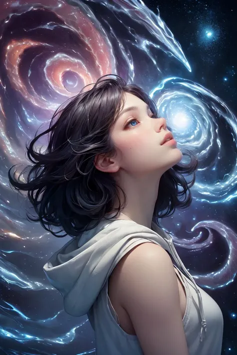 masterpiece, best quality, (absurdres, highres, ultra detailed), (absurdres, best quality:1.3, dark shot, extremely detailed), (masterpiece portrait of a girl, from side, upper body, looking up, blue eyes, natural skin texture, long dark hair, straight hair, floating hair, oversized hoodie, hood down), beautiful galaxy lighting up the sky, amazing background filled with cosmic swirls, (style-swirlmagic:1.2, style swirling cosmo magic:1.2, magical, magical swirls:1.1), (hyperrealistic, sharp), (vibrant colors),<lora:more_details:0.2>,<lora:GoodHands-beta2:1>, <lora:GPTS4 dreamwave full_478773:0.3>