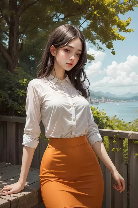 1girl,outdoors, ss pencil skirt,orange pencil skirt, best quality,masterpiece,an extremely delicate and beautiful <lora:more_details:0.3>, <lyco:GPTS4 dreamwave full_478773:0.5>,<lyco:GoodHands-beta2:1>,