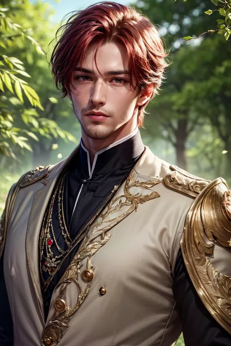 masterpiece, best quality, (absurdres, highres, ultra detailed), 1 male, adult, handsome, tall muscular guy, broad shoulders, finely detailed eyes and detailed face, red hair, green eyes, handsome, suit, fantasy, uniform, royal, Forest, flowers blooming brightly-bloomed flowers, Sunlight, Fantastic light and shadow, Scenery, portrait,<lora:more_details:0.6>,