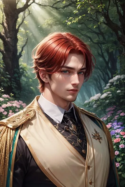 masterpiece, best quality, (absurdres, highres, ultra detailed), 1 male, adult, handsome, tall muscular guy, broad shoulders, finely detailed eyes and detailed face, red hair, green eyes, handsome, suit, fantasy, uniform, royal, Forest, flowers blooming brightly-bloomed flowers, Sunlight, Fantastic light and shadow, Scenery, portrait,<lora:more_details:0.3>,