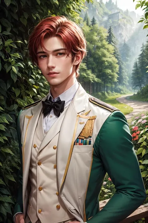 masterpiece, best quality, (absurdres, highres, ultra detailed), 1 male, adult, handsome, tall muscular guy, broad shoulders, finely detailed eyes and detailed face, red hair, green eyes, handsome, suit, fantasy, uniform, royal, Forest, flowers blooming brightly-bloomed flowers, Sunlight, Fantastic light and shadow, Scenery, portrait,<lora:more_details:0.3>,<lyco:GoodHands-beta2:1>,