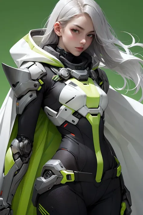 absurdres,1girl BREAK android,(grey cybersuit),(black upper armor),mechanical arms,machinery,prosthesis,solo,silver hair,long hair,cloak BREAK looking at viewer,hand on hip,contrapposto,(green background:1.2) ,<lora:nijiarmor_v2:0.8>,<lora:GoodHands-beta2:1>,