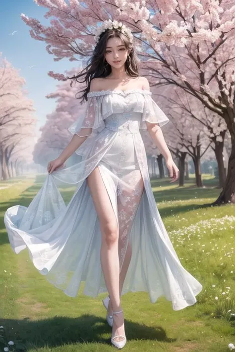 (masterpiece),(best quality),(ultra-detailed), (full body:1.2), (beautiful detailed face), (beautiful detailed eyes), 1girl, white dress, off shoulder, blossom flower field, glowing skin, light smile,<lora:add_detail:0.6>,