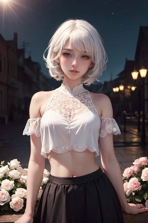 (masterpiece, best quality:1.4), (beautiful, aesthetic, perfect, delicate, intricate:1.2),(absurdres, highres, ultra detailed),realistic, 1girl, white hair, glossy eyes, crop top, skirt, parted lips, blush, night, flowers, sun, sunlight,<lora:more_details:0.3>, <lyco:GoodHands-beta2:1>,