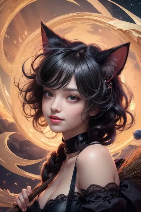 masterpiece, best quality, (absurdres, highres, ultra detailed), 1girl, black hair, red eyes, glowing eyes, witch, parted lips, blush, night, cat ears, magic circle, smile, broom, <lora:add_detail:0.7>, <lyco:GPTS4 dreamwave full_478773:0.5>