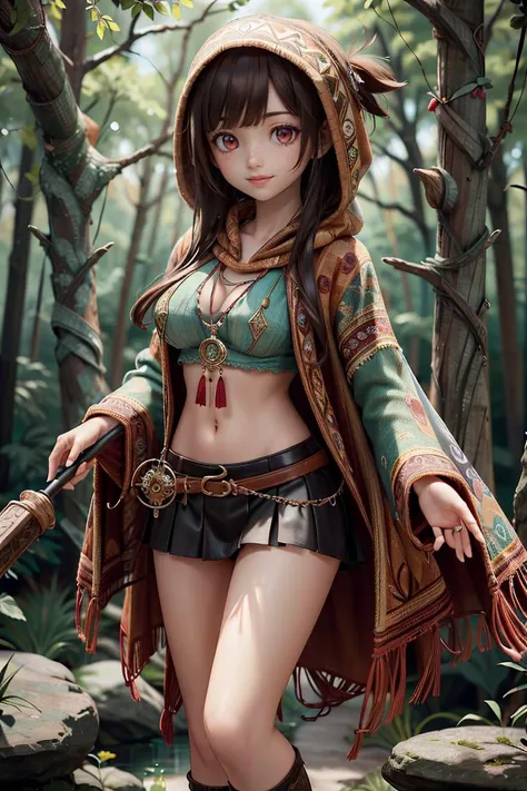 (best quality, highres, highly detailed, masterpiece:1.3), 1 girl, adult woman, freckles, red eyes, black shag hair,, (skirt lift:1.2), cameltoe, character focus portrait, solo, upper body, looking at viewer, detailed background, detailed face, (<lora:BohoAI:0.6>, bohoai, boho theme:1.1), warm smile, druid, wearing natural colored green clothes, hood, leather, druid staff, feathers, healing magic, runes, nature magic, floating particles, roots, rocks, bushes, bloom, forest canopy in background, natural atmosphere, earth tones,, <lora:GlassTech-20:0.6>, glasstech, glass,