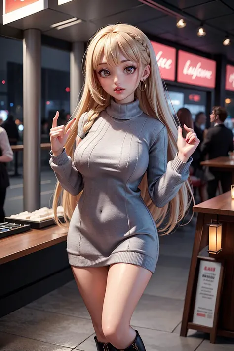 (best quality, highres, highly detailed, masterpiece:1.3), winter, Sweater dress with boots and tights, Miss, Tall, Thin, Diamond-Shaped Face, Fair Skin, Platinum Blonde Hair, Brown Eyes, Wide Nose, Full Lips, Prominent Chin, Shoulder-Length Hair, Straight Hair, Side French Braid, natural breasts, Drop earrings, peach gloss lipstick, <lyco:PunkBundleAI:0.4>, teslapunkai, retro-futuristic