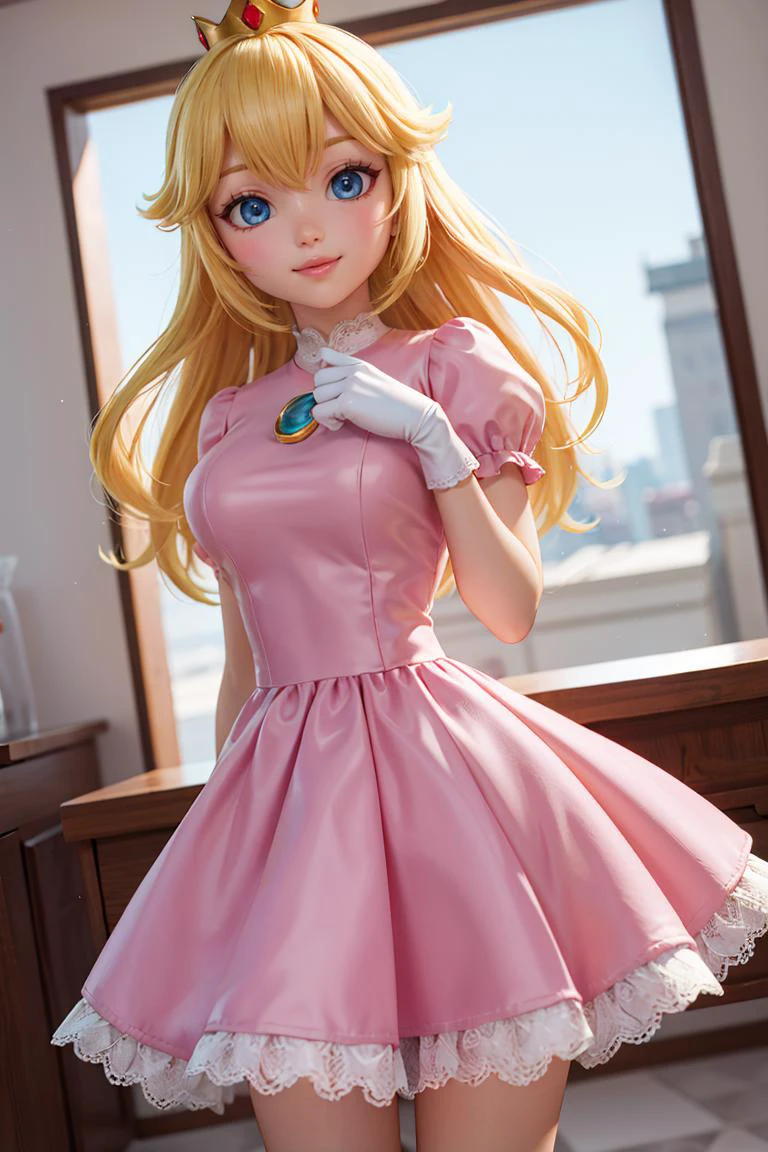 (masterpiece), best quality, high resolution, highly detailed, perfect lighting, (masterpiece, best quality), 1girl, <lora:princesspeach-lora-nochekaiser:0.8>, princess peach, blonde hair, blue eyes, smile, long hair, crown, dress, gem, gloves, pink dress, puffy short sleeves, puffy sleeves, short sleeves, white gloves,