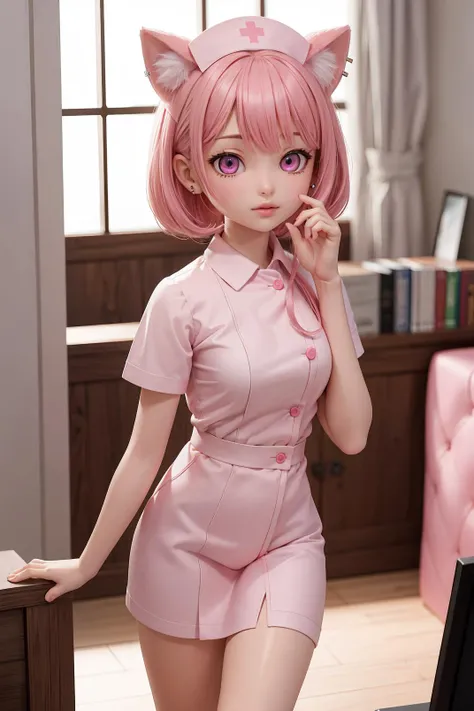 (masterpiece, top quality, best quality, official art, beautiful and aesthetic:1.2), (1girl), cute, extreme detailed,(nurse), hostpital, infirmary, injection, cat hood, pink hair, blurred background, pink eyes, view from side, piercings, ambience,
