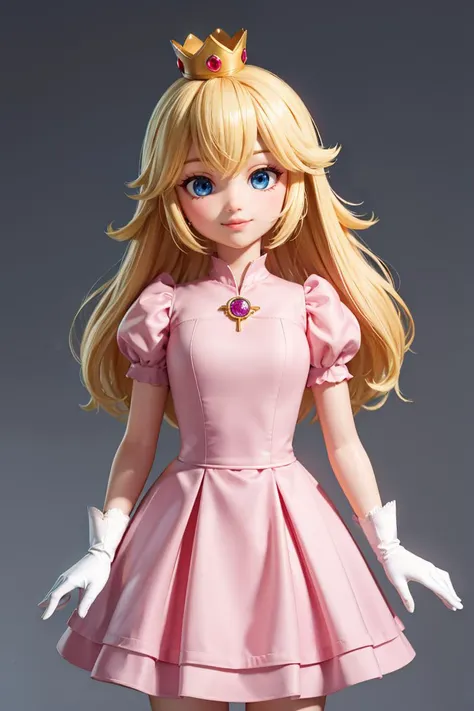 (masterpiece), best quality, high resolution, highly detailed, perfect lighting, (masterpiece, best quality), 1girl,    <lora:princesspeach-lora-nochekaiser:0.8>, princess peach, blonde hair, blue eyes, smile, long hair, crown, dress, gem, gloves, pink dress, puffy short sleeves, puffy sleeves, short sleeves, white gloves,