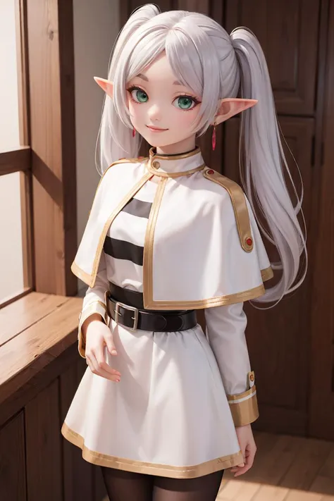 (masterpiece), best quality, high resolution, highly detailed, perfect lighting,  
aafrie, long hair, white hair, twintails, pointy ears, earrings, green eyes, thick eyebrows, white capelet, striped shirt, long sleeves, belt, white skirt, black pantyhose , <lora:frieren_v1:0.7>, cowboy shot,smile, 
(hands behind back:1.1),