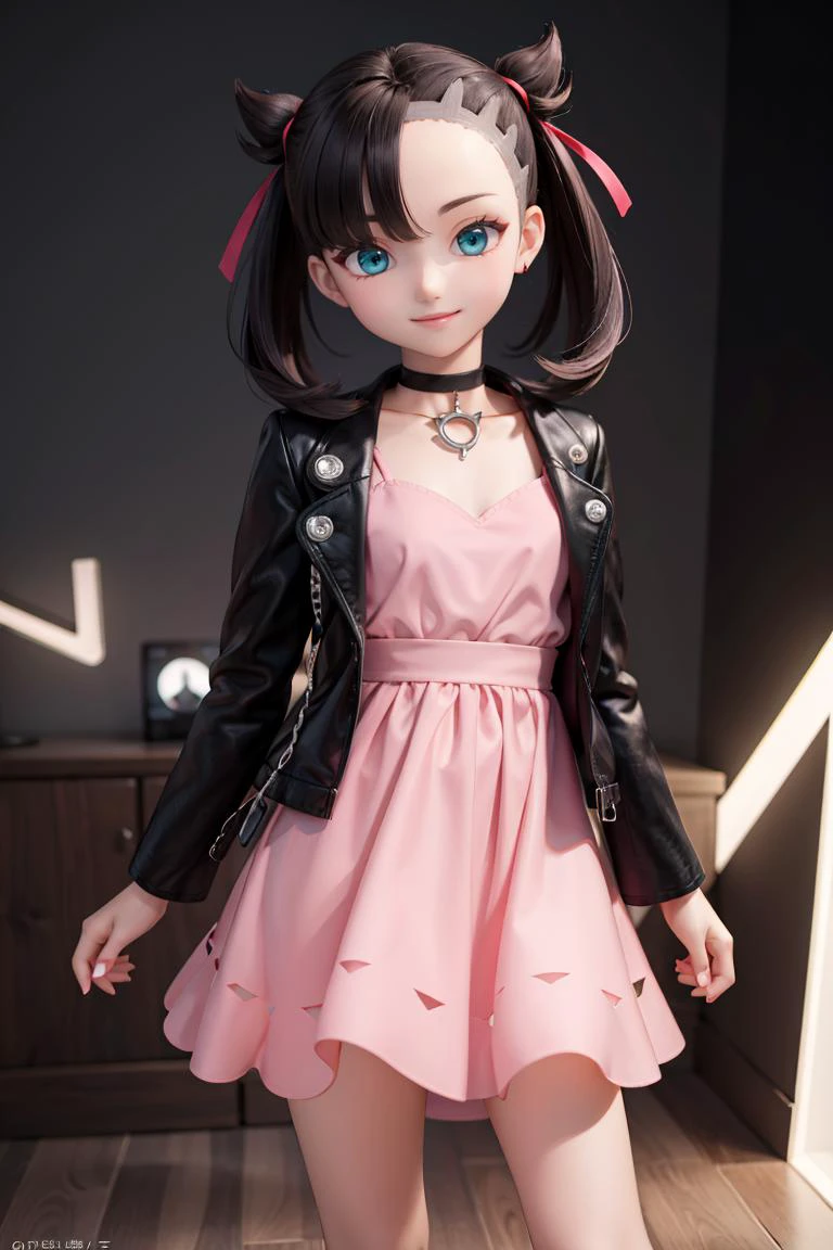(masterpiece), best quality, high resolution, highly detailed, perfect lighting, <lora:marnie_v1:0.7>, hmmarnie, aqua eyes, black choker, red ribbon, pink dress, jewelry, black jacket, open clothes, long sleeves, solo, smiling, looking at viewer, cowboy shot, (hands behind back:1.1),