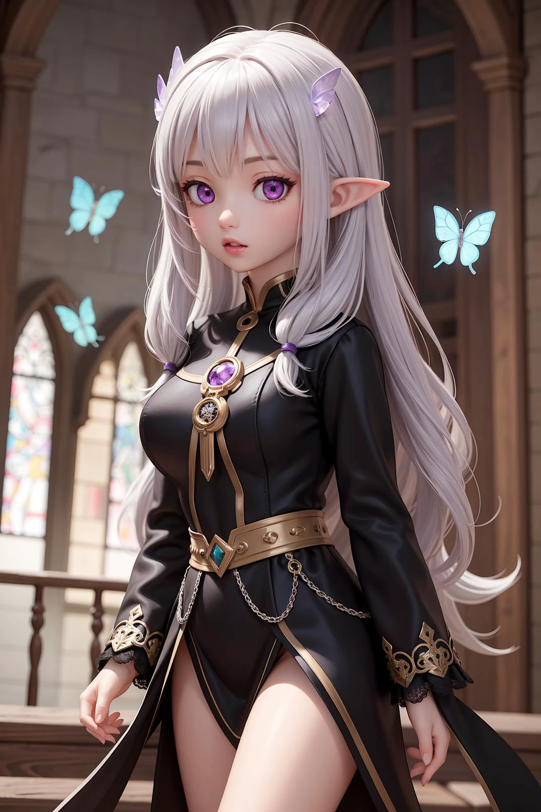 (masterpiece, top quality, best quality, official art, beautiful and aesthetic:1.2), (1girl), cute, extreme detailed, priestess elf, church, silver hair, portrait, crystalbutterflies, blurred background, purple eyes , tilt shift, visually stunning, bokeh, black clothes,