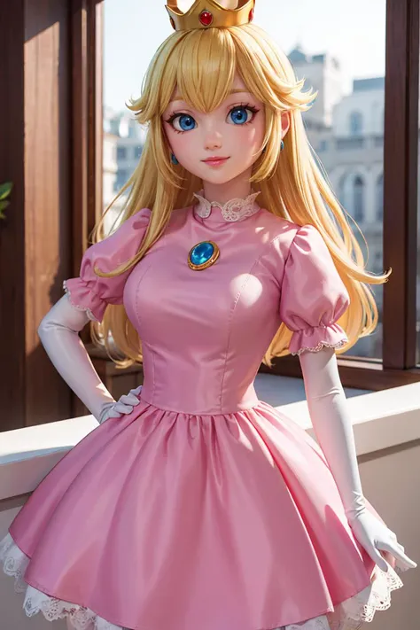 (masterpiece), best quality, high resolution, highly detailed, perfect lighting, (masterpiece, best quality), 1girl,    <lora:princesspeach-lora-nochekaiser:1>, princess peach, blonde hair, blue eyes, smile, long hair, crown, dress, gem, gloves, pink dress, puffy short sleeves, puffy sleeves, short sleeves, white gloves,