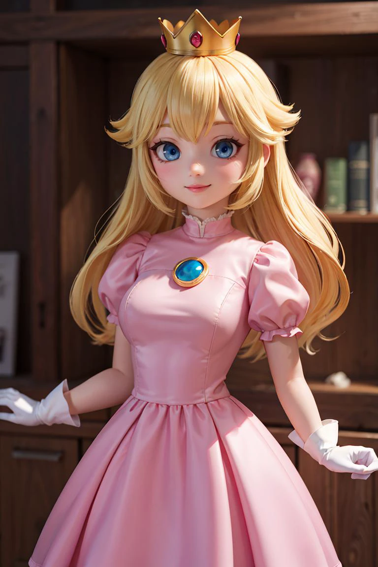 (masterpiece), best quality, high resolution, highly detailed, perfect lighting, (masterpiece, best quality), 1girl, <lora:princesspeach-lora-nochekaiser:0.8>, princess peach, blonde hair, blue eyes, smile, long hair, crown, dress, gem, gloves, pink dress, puffy short sleeves, puffy sleeves, short sleeves, white gloves,