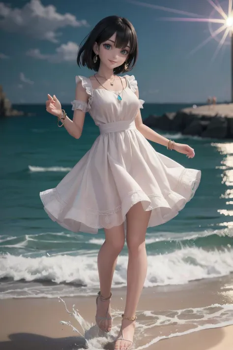 (masterpiece, highres, best quality, ultra detailed, detailed background, cinematic lighting:1.2), (beautiful detailed face, detailled eyes),  dynamic angle, 
seaside, beach, wading, lens flare, 
(1womans), alternate hairstyle,  frilled dress,  (see-through dress:0.3), necklace, earrings, bracelet, anklet,wind effect, looking at viewer, smile, skirt lift,