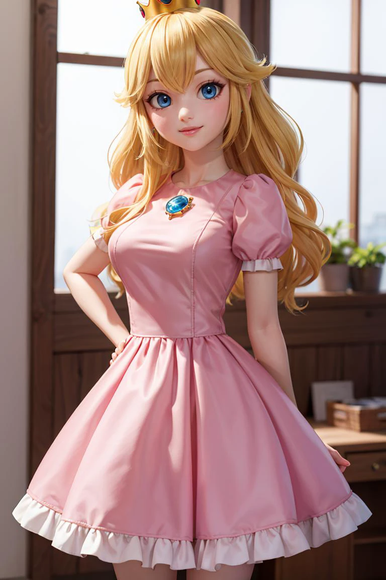 (masterpiece), best quality, high resolution, highly detailed, perfect lighting, (masterpiece, best quality), 1girl, <lora:princesspeach-lora-nochekaiser:0.8>, princess peach, blonde hair, blue eyes, smile, long hair, crown, dress, gem, (hands behind back:1.1), pink dress, puffy short sleeves, puffy sleeves, short sleeves,