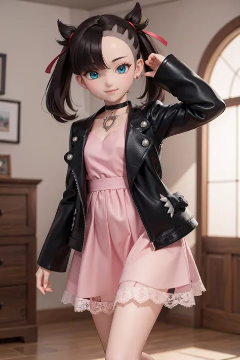 (masterpiece), best quality, high resolution, highly detailed, perfect lighting, <lora:marnie_v1:0.7>, hmmarnie, aqua eyes, black choker, red ribbon, pink dress, jewelry, black jacket, open clothes, long sleeves, solo, smiling, looking at viewer, cowboy shot, ,