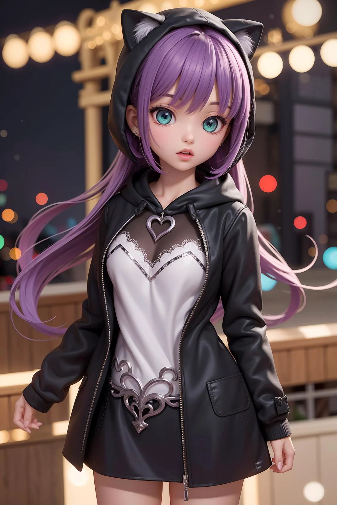 (masterpiece, top quality, best quality, official art, beautiful and aesthetic:1.2), (1girl), cute, extreme detailed, night, stars, (shop), cat hood, purple hair, blurred background, light green eyes, view from side, piercings, back , movie scene, ambience,