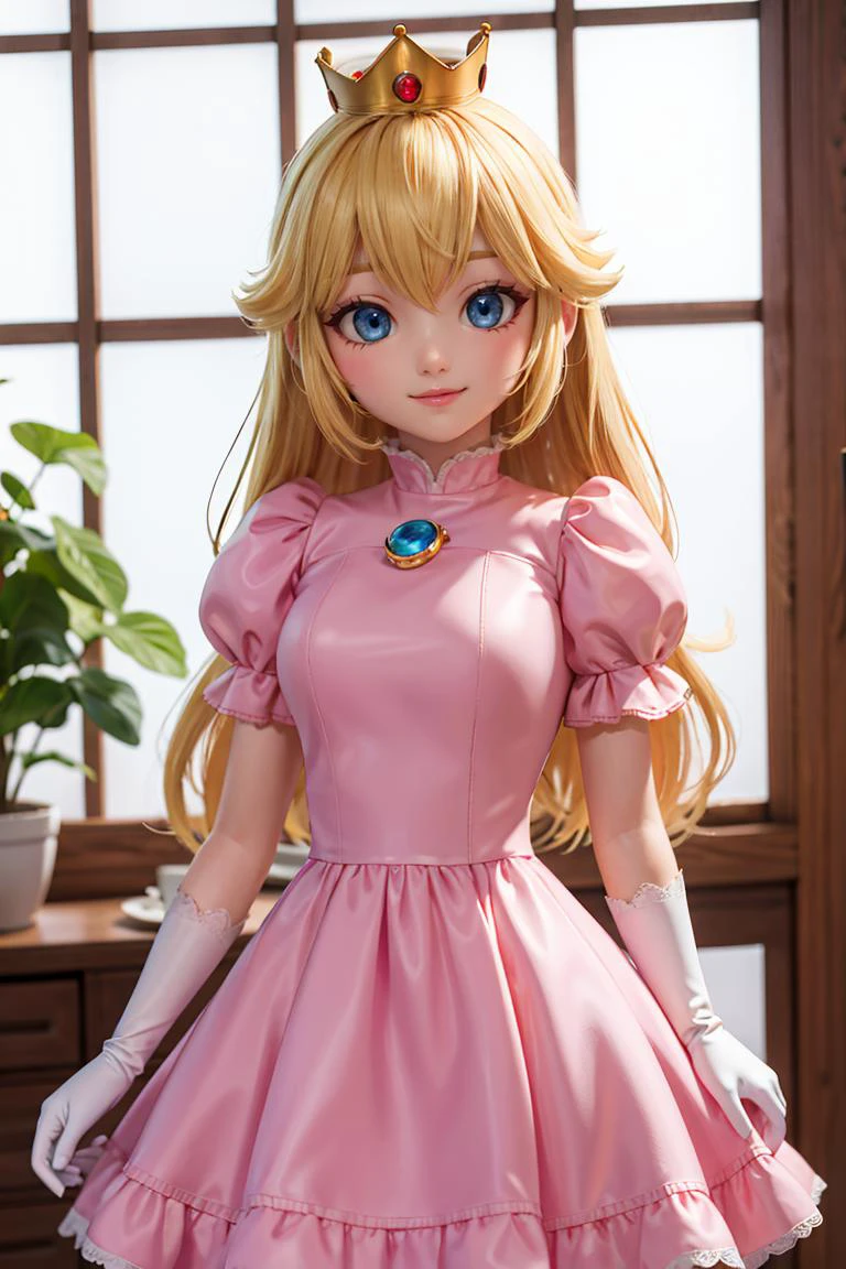 (masterpiece), best quality, high resolution, highly detailed, perfect lighting, (masterpiece, best quality), 1girl, <lora:princesspeach-lora-nochekaiser:0.8>, princess peach, blonde hair, blue eyes, smile, long hair, crown, dress, gem, gloves, pink dress, puffy short sleeves, puffy sleeves, short sleeves, white gloves,