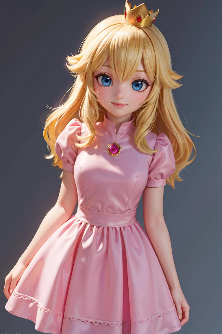 (masterpiece), best quality, high resolution, highly detailed, perfect lighting, (masterpiece, best quality), 1girl, <lora:princesspeach-lora-nochekaiser:0.8>, princess peach, blonde hair, blue eyes, smile, long hair, crown, dress, gem, (hands behind back:1.1), pink dress, puffy short sleeves, puffy sleeves, short sleeves,