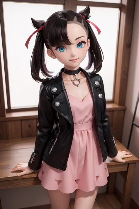 (masterpiece), best quality, high resolution, highly detailed, perfect lighting, <lora:marnie_v1:0.7>, hmmarnie, aqua eyes, black choker, red ribbon, pink dress, jewelry, black jacket, open clothes, long sleeves, solo, smiling, looking at viewer, cowboy shot, (hands behind back:1.1),