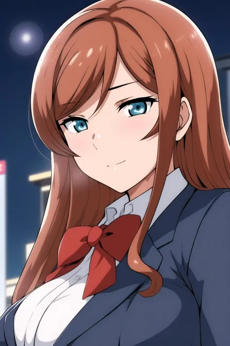 (Night:1.7), Japan, Tokyo, CityView, Before Window,
Standing at attention,
blue jacket, blue suit ,red bow tie,school uniform, white shirt,
<lora:Mirai_Kamiki_Try-KK77-V2:0.7>,
brown hair,Long hair,bangs,
1 girl, 24yo,mature female,Beautiful Finger,Beautiful long legs,Beautiful body,Beautiful Nose,Beautiful character design, perfect eyes, perfect face,
looking at viewer, in the center of the image,(Upper_body),(close-Up),(Focus on her face),
NSFW,official art,extremely detailed CG unity 8k wallpaper, perfect lighting,Colorful, Bright_Front_face_Lighting,
(masterpiece:1.0),(best_quality:1.0), ultra high res,4K,ultra-detailed,
photography, 8K, HDR, highres, absurdres:1.2, Kodak portra 400, film grain, blurry background, bokeh:1.2, lens flare, (vibrant_color:1.2)
(Beautiful,large_Breasts:1.4), (beautiful_face:1.5),(narrow_waist),