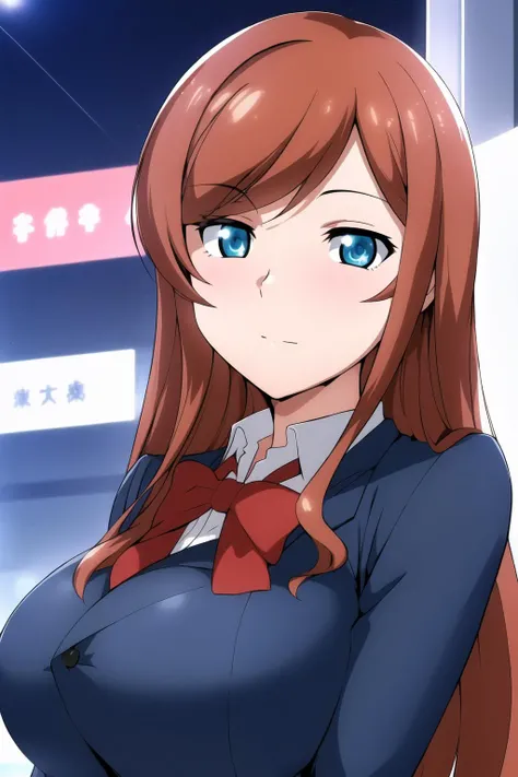 (Night:1.7), Japan, Tokyo, CityView, Before Window,light particles,sparkle,motion blur,
Standing at attention,
blue jacket, blue suit ,red bow tie,school uniform, white shirt,
<lora:Mirai_Kamiki_Try-KK77-V2:0.7>,
brown hair,Long hair,bangs,
1 girl, 24yo,mature female,Beautiful Finger,Beautiful long legs,Beautiful body,Beautiful Nose,Beautiful character design, perfect eyes, perfect face,
looking at viewer, in the center of the image,(Upper_body),(Focus on her face),
NSFW,official art,extremely detailed CG unity 8k wallpaper, perfect lighting,Colorful, Bright_Front_face_Lighting,
(masterpiece:1.0),(best_quality:1.0), ultra high res,4K,ultra-detailed,
photography, 8K, HDR, highres, absurdres:1.2, Kodak portra 400, film grain, blurry background, bokeh:1.2, lens flare, (vibrant_color:1.2)
(Beautiful,large_Breasts:1.4), (beautiful_face:1.5),(narrow_waist),