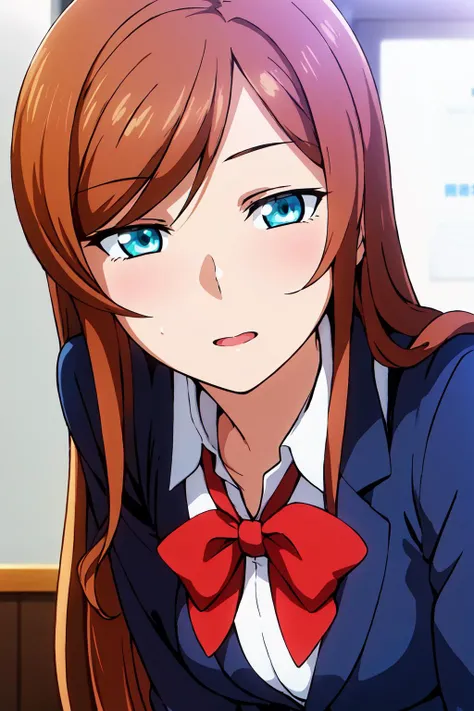 blue jacket, blue suit ,red bow tie,school uniform, white shirt,
<lora:Mirai_Kamiki_Try-KK77-V2:0.7>,
brown hair,Long hair,bangs,
1 girl, 20yo,Young female,Beautiful Finger,Beautiful long legs,Beautiful body,Beautiful Nose,Beautiful character design, perfect eyes, perfect face,expressive eyes, looking at viewer, in the center of the image,(light_smile:0.5), official art,extremely detailed CG unity 8k wallpaper, perfect lighting,Colorful, Bright_Front_face_Lighting,shiny skin, (masterpiece:1.0),(best_quality:1.0), ultra high res,4K,ultra-detailed, photography, 8K, HDR, highres, absurdres:1.2, Kodak portra 400, film grain, blurry background, bokeh:1.2, lens flare, (vibrant_color:1.2) (Beautiful,large_Breasts:1.0), (beautiful_face:1.5),(narrow_waist)