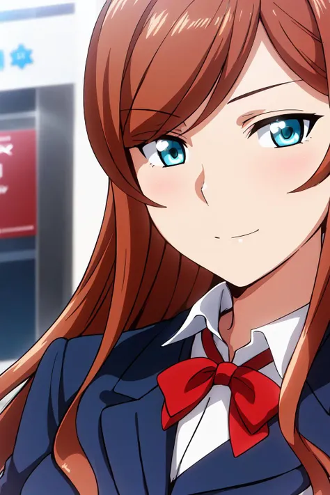 blue jacket, blue suit ,red bow tie,school uniform, white shirt,
<lora:Mirai_Kamiki_Try-KK77-V2:0.7>,
brown hair,Long hair,bangs,
1 girl, 20yo,Young female,Beautiful Finger,Beautiful long legs,Beautiful body,Beautiful Nose,Beautiful character design, perfect eyes, perfect face,expressive eyes, looking at viewer, in the center of the image,(light_smile:0.5), official art,extremely detailed CG unity 8k wallpaper, perfect lighting,Colorful, Bright_Front_face_Lighting,shiny skin, (masterpiece:1.0),(best_quality:1.0), ultra high res,4K,ultra-detailed, photography, 8K, HDR, highres, absurdres:1.2, Kodak portra 400, film grain, blurry background, bokeh:1.2, lens flare, (vibrant_color:1.2) (Beautiful,large_Breasts:1.0), (beautiful_face:1.5),(narrow_waist)