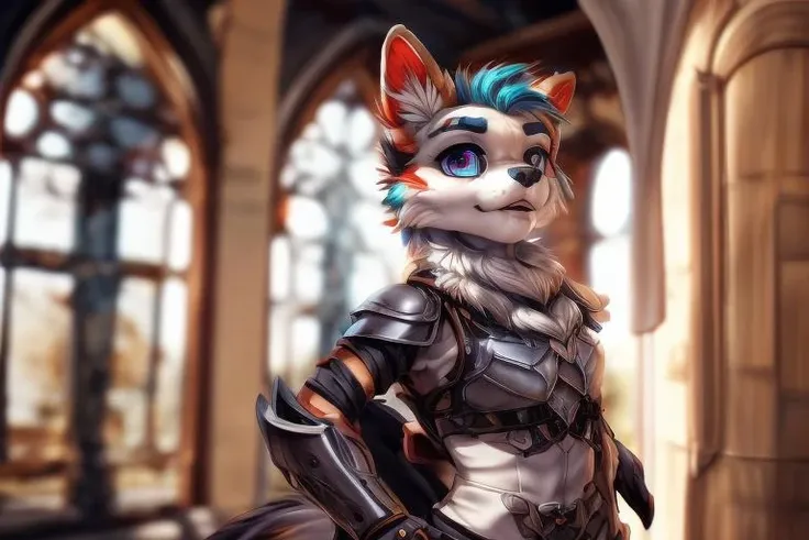 <lora:Furtastic_Detailer:1>,<lora:more_details:1>,<hypernet:furryYiffy_v12:1>,boopernova,furry,(highly detailed:1.4),(detailed face:1.4),rainbow mohawk:1.5,rainbow nose:1.5,rainbow spotted mane,rainbow eyebrows:1.5,full body, full body view,far shot,anthro,anthro wolf,kkw-fur,white fur,anthro,anthro wolf,very pure white fur,gradient background,dreamlike,Cinematic Lighting,moody lighting,highres,fantasy, medieval, <lora:locon_perfecteyes_v1_from_v1_64_32:1> perfecteyes eyes, photo of perfecteyes eyes,two tone blue and purple eye color,<hypernet:slimModelsV1_slimmodelsV1:1>very skinny, petite, small ass, slender hips,leather armor,full body armor,
furry, cute,rainbow flame markings, detailed markings, star pattern<lora:BooperNova-v8-7mod3:1>