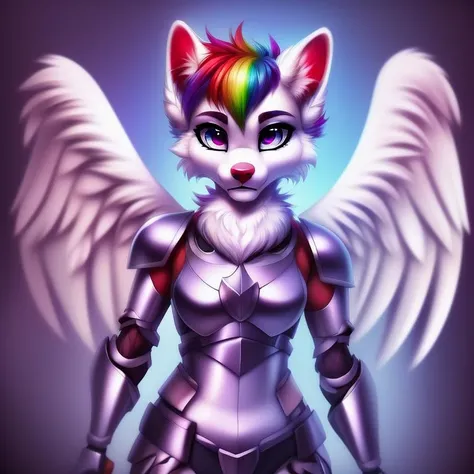 <lora:more_details:1>,<hypernet:furryYiffy_v12:1>,boopernova,furry,(highly detailed:1.4),(detailed face:1.4),rainbow mohawk:1.5,rainbow nose:1.5,rainbow spotted mane,rainbow eyebrows:1.5,full body, full body view,far shot,anthro,anthro wolf,kkw-fur,white fur,white fur,gradient background,dreamlike,Cinematic Lighting,moody lighting,highres,fantasy, medieval, <lora:locon_perfecteyes_v1_from_v1_64_32:1> perfecteyes eyes, photo of perfecteyes eyes,two tone blue and purple eye color,<hypernet:slimModelsV1_slimmodelsV1:1>very skinny, petite, small ass, slender hips,metal knight armor,full body armor,solo,angel wings,wings,photo,realistic,
furry, cute,star pattern<lora:BooperNova-v8-7mod3:1> <lora:Furtastic_Detailer:1>