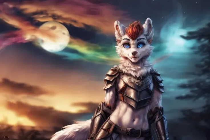 <lora:Furtastic_Detailer:1>,<lora:more_details:1>,<hypernet:furryYiffy_v12:1>,boopernova,furry,(highly detailed:1.4),(detailed face:1.4),rainbow mohawk:1.5,rainbow nose:1.5,rainbow spotted mane,rainbow eyebrows:1.5,full body, full body view,far shot,anthro,anthro wolf,kkw-fur,white fur,anthro,anthro wolf,very pure white fur,gradient background,dreamlike,Cinematic Lighting,moody lighting,highres,fantasy, medieval, <lora:locon_perfecteyes_v1_from_v1_64_32:1> perfecteyes eyes, photo of perfecteyes eyes,two tone blue and purple eye color,<hypernet:slimModelsV1_slimmodelsV1:1>very skinny, petite, small ass, slender hips,leather armor,full body armor,holding a bow,
furry, cute,rainbow flame markings, detailed markings, star pattern<lora:BooperNova-v8-7mod3:1>