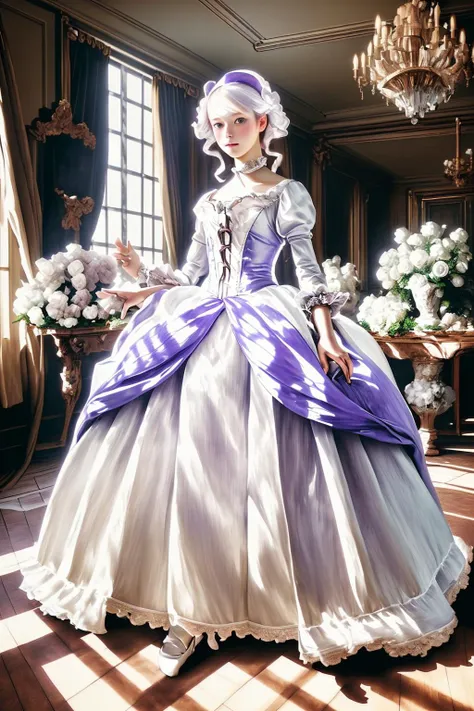 1girl,  <lora:ç»ªå¿-æ´å¯å¯æ²¹ç»é£ Rococo style:0.6> Rococo style, <lora:Gl0wW3dd:0.6>white and purple Gl0wW3dd, full body, in a room full of flowers and wood furniture, detailed face, high quality